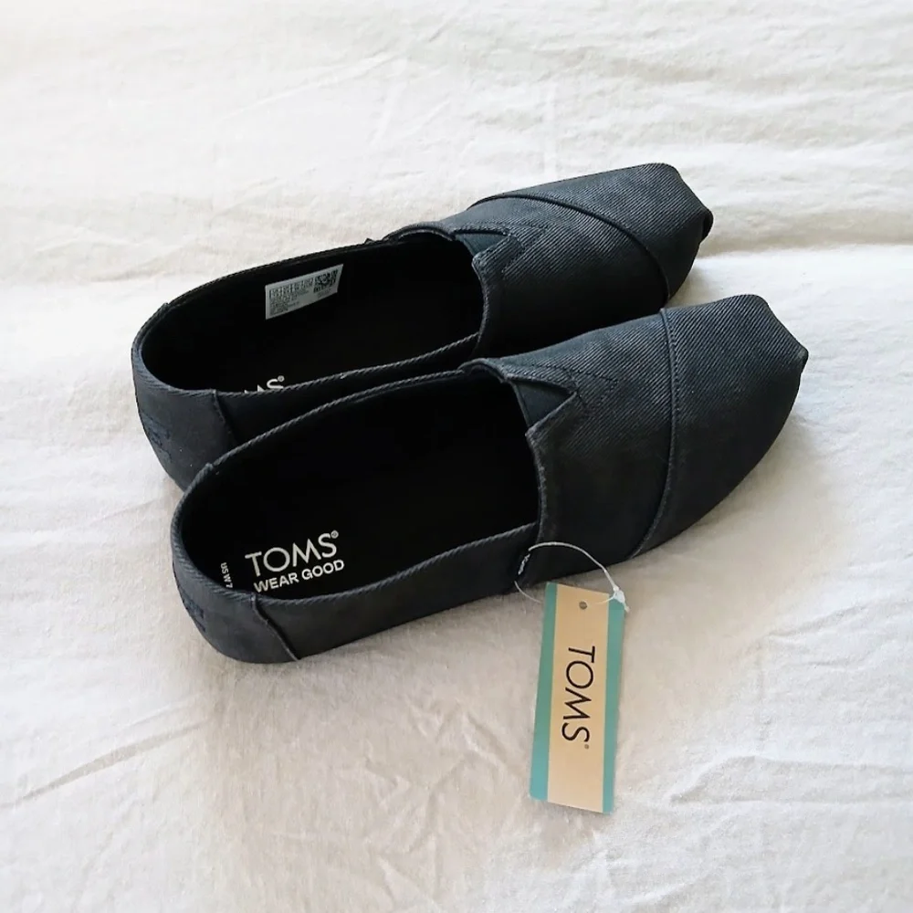 NWT Toms Black Distressed Twill Alpargata Slip On